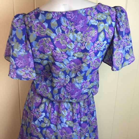 Vintage 70s/80s Blue Purple Dress w/ Floral Print - Picture 4 of 7